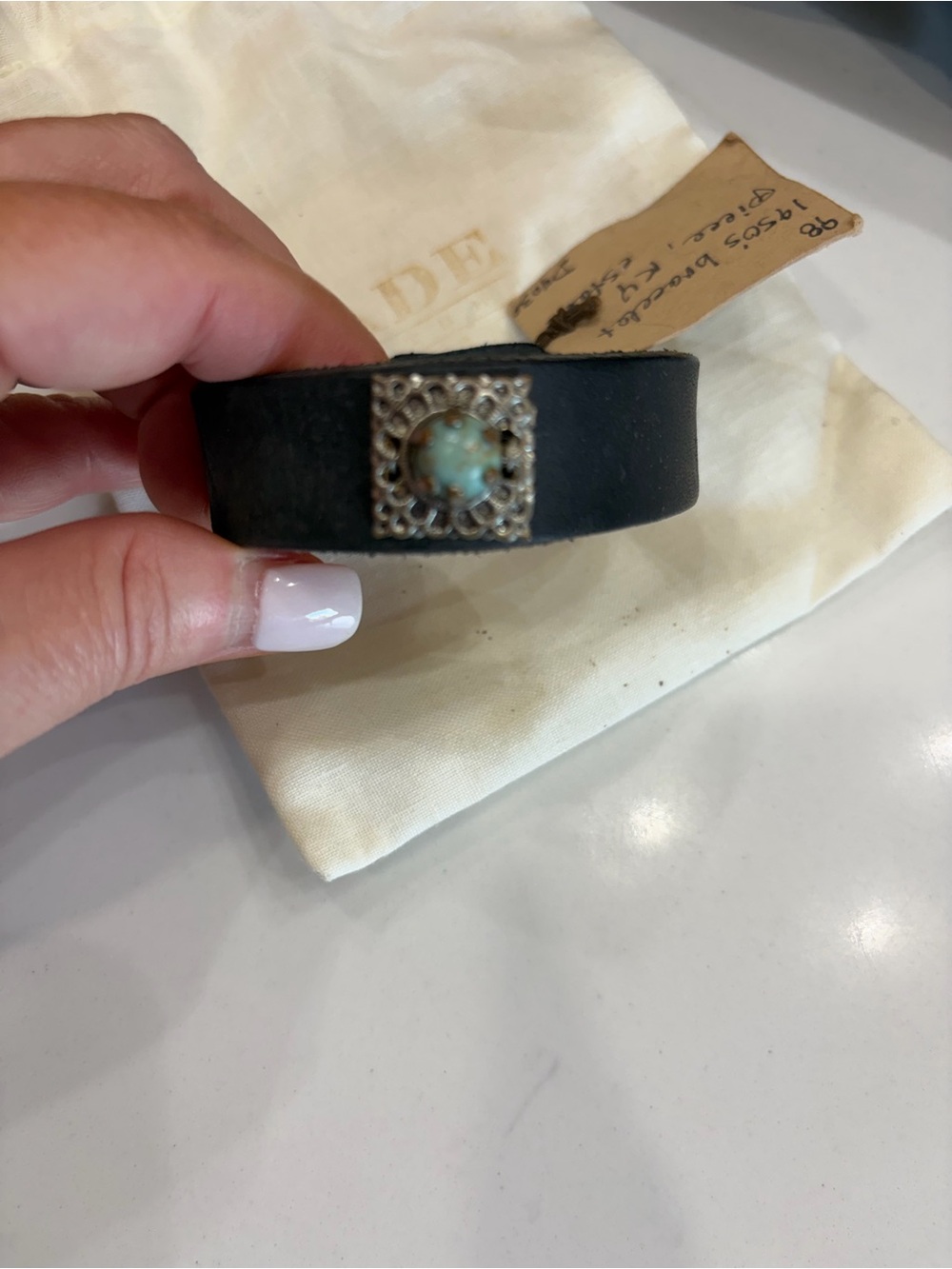 Black Leather Bracelet with Turquoise Accent and Silver Filigree
